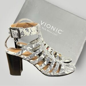🌻NEW w/box Vionic Sami Black & White Snakeskin Leather Ankle Heels Size 9.5